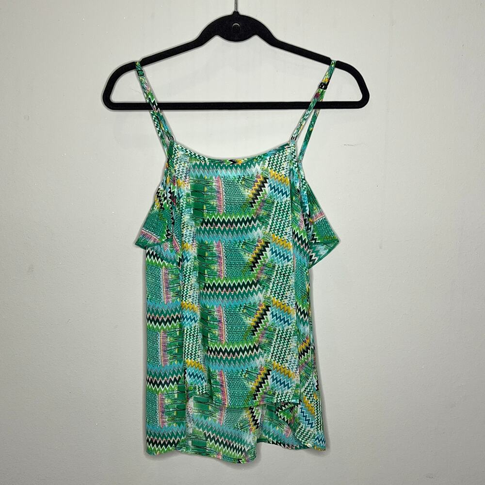 Tulle Green Geometric‎ Print Ruffle Tank Size Small - Picture 5 of 5